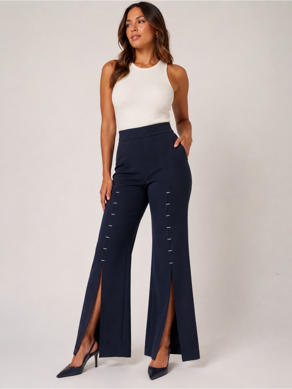 Jonathan Simkhai Stapled Crepe Front Slit Wide Leg Pants Navy Size 12 Statement